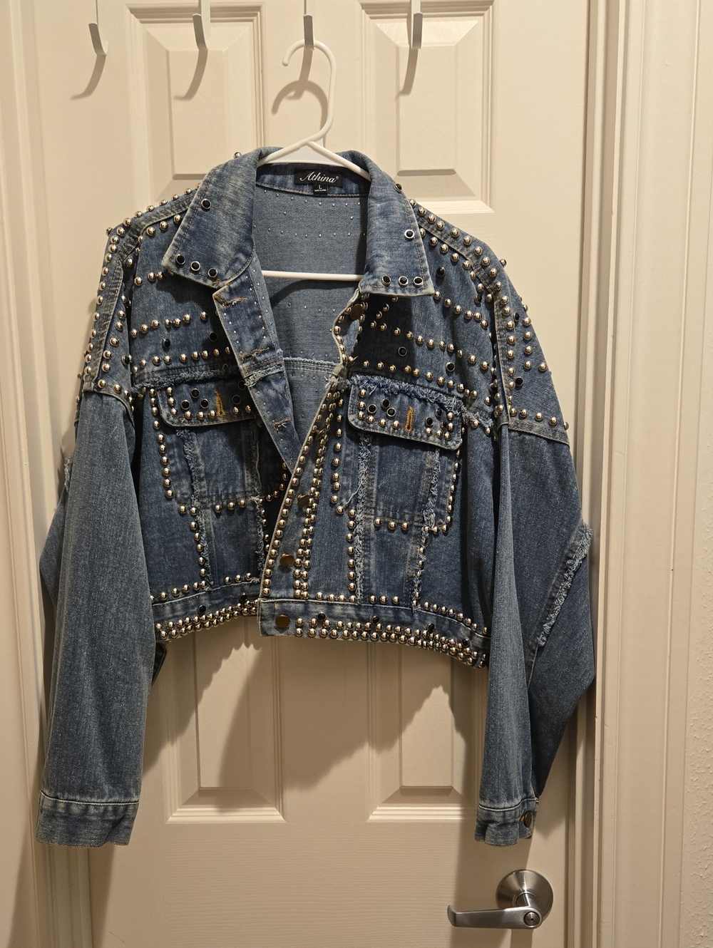 Athina Lina Studded Cropped Denim Jacket - Blue